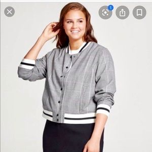 Who What Wear Gray and Purple Stripe Plaid Bomber